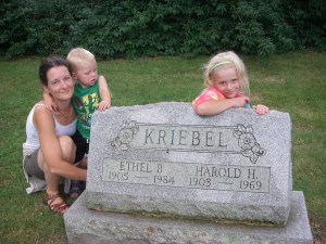Me, Silas and Luthien at my great-grandparents' gravestone, Towamencin Schwenkfelder Cemetery